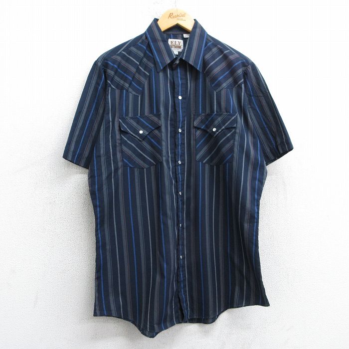 【50%OFF】L★古着 ELY 半袖 ウエスタン シャツ メンズ 90年代 90s ロング丈 紺他 ネイビー ストライプ 25apr19 中古 トップス