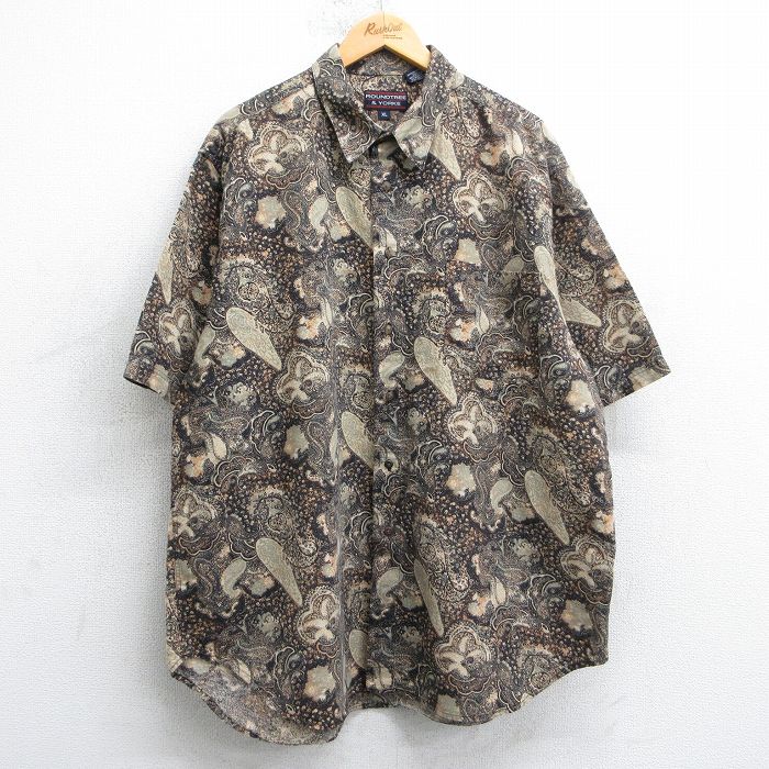 XL★古着 半袖 シャツ メンズ 00年代 00s ペイズリー柄 大きいサイズ ロング丈 リネン 茶他 ブラウン 25apr19 中古 トップス