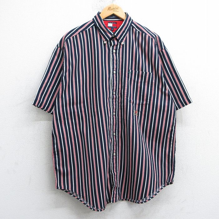 XL★古着 トミーヒルフィガー TOMMY HILFIGER 半袖 ブランド シャツ メンズ 90年代 90s ワンポイントロゴ ロング丈 コットン ボタンダウン 紺他 ネイビー ストライプ 【spe】 25apr19 中古 トップス