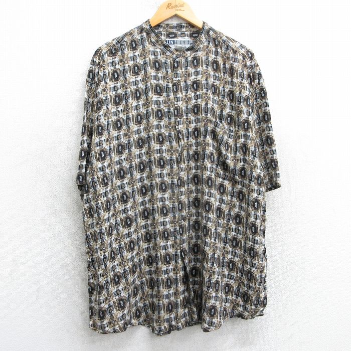 XL★古着 半袖 シャツ メンズ 00年代 00s 総柄 大きいサイズ ロング丈 レーヨン ノーカラー 黒他 ブラック 【spe】 25apr19 中古 トップス