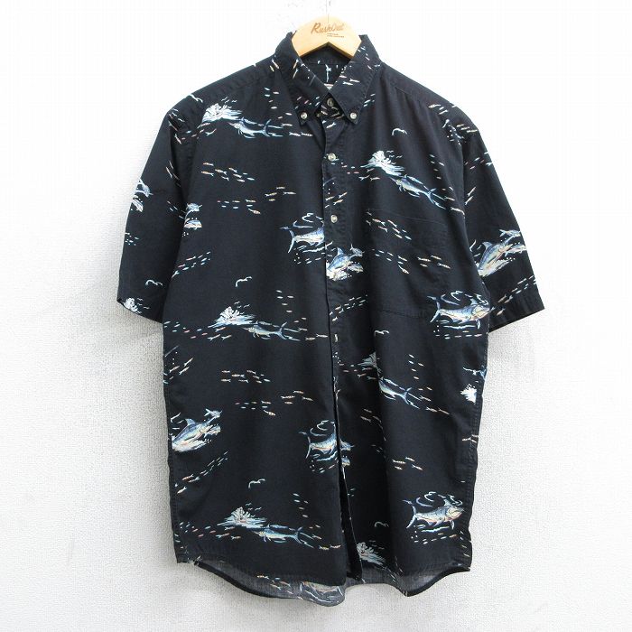 L★古着 半袖 シャツ メンズ 00年代 00s 魚 船 コットン ボタンダウン 黒他 ブラック 25apr19 中古 トップス