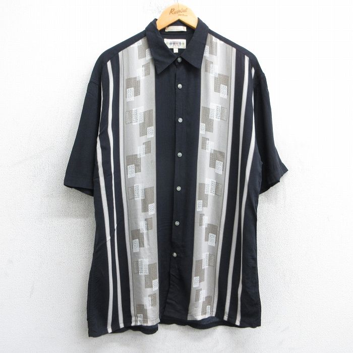 L★古着 半袖 シャツ メンズ 90年代 90s レーヨン 黒他 ブラック 25apr19 中古 トップス