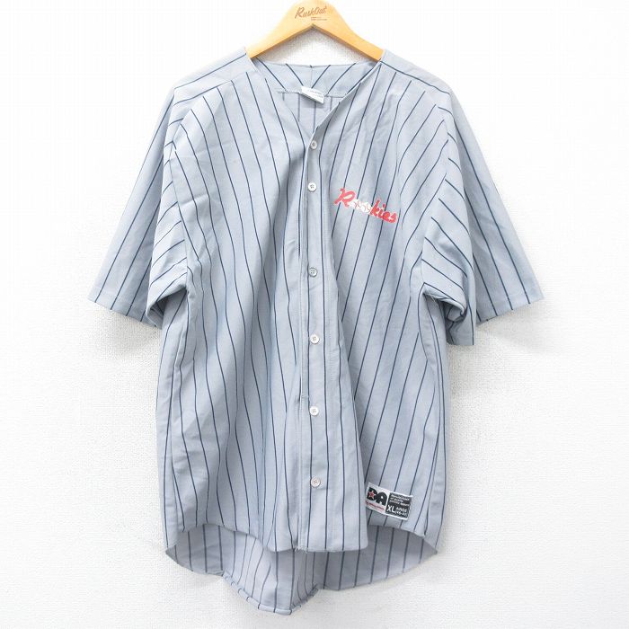 XL★古着 半袖 ベースボール シャツ メンズ 90年代 90s Rookies 9 USA製 グレー他 ストライプ 25apr19 中古 トップス