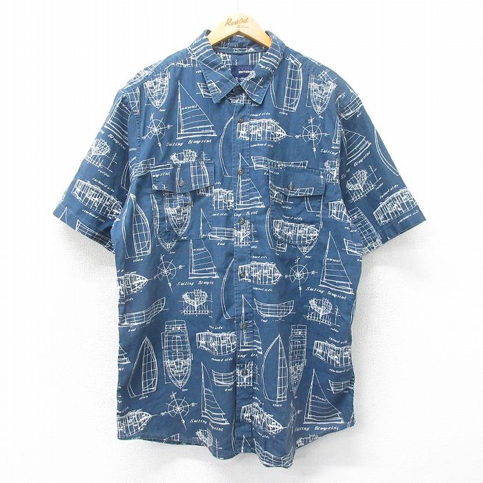 XL★古着 ベーシックエディションズ 半袖 シャツ メンズ ヨット 大きいサイズ ロング丈 コットン 紺他 ネイビー 25apr19 中古 トップス