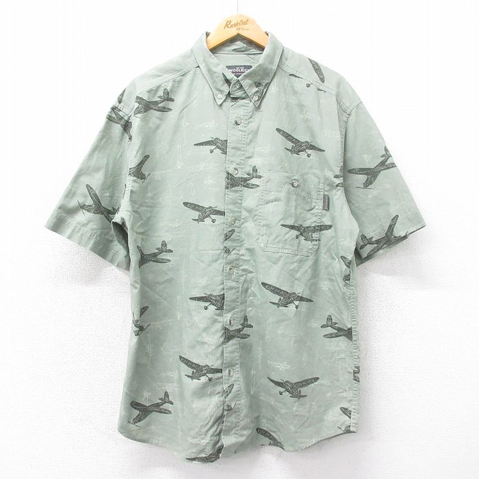 XL★古着 ウールリッチ WOOLRICH 半袖 シャツ メンズ 飛行機 大きいサイズ コットン ボタンダウン 緑系 グリーン 25apr19 中古 トップス