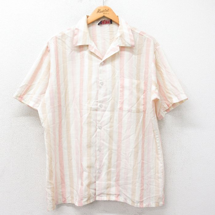 XL★古着 半袖 シャツ メンズ 90年代 90s 開襟 オープンカラー USA製 薄ベージュ他 カーキ ストライプ 25apr19 中古 トップス