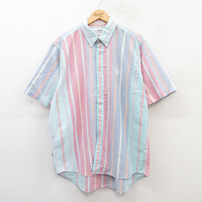 XL★古着 ラルフローレン Ralph Lauren チャップス 半袖 ブランド シャツ メンズ 90年代 90s ワンポイントロゴ オックスフォード 大きいサイズ コットン ボタンダウン USA製 薄紺他 ネイビー ストライプ 25apr19 中古 トップス