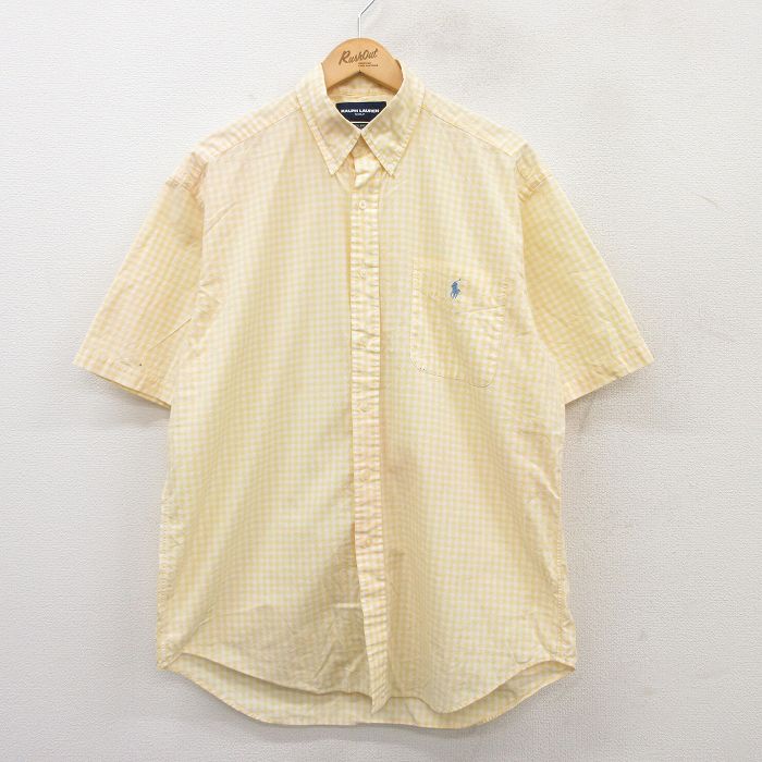 XL★古着 ラルフローレン Ralph Lauren ゴルフ 半袖 ブランド シャツ メンズ 90年代 90s ワンポイントロゴ TILDEN コットン ボタンダウン 黄他 イエロー ギンガム チェック 25apr19 中古 トップス