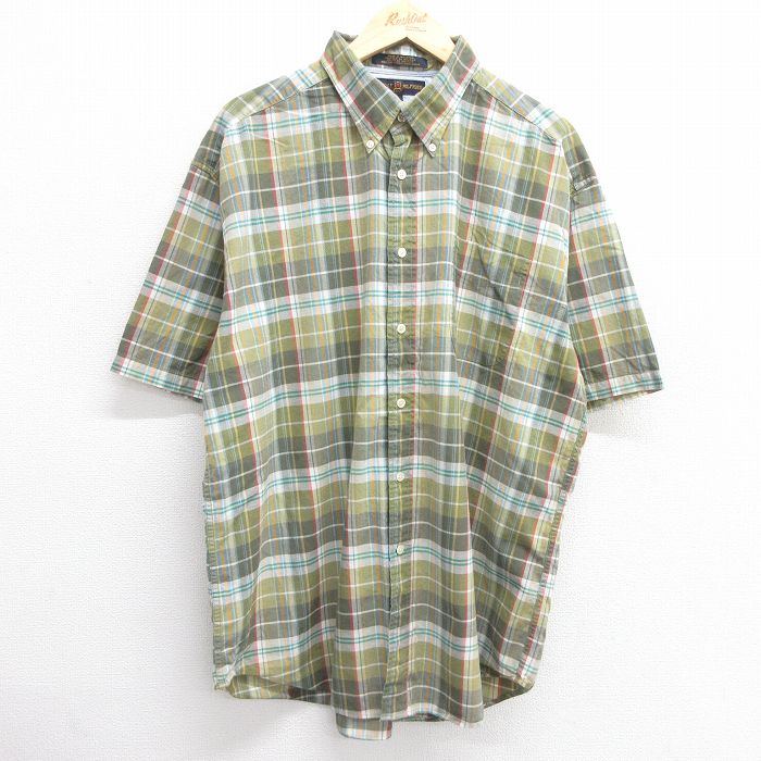 XL★古着 トミーヒルフィガー TOMMY HILFIGER 半袖 ブランド シャツ メンズ 90年代 90s 大きいサイズ ロング丈 コットン ボタンダウン 緑他 グリーン チェック 25apr21 中古 トップス