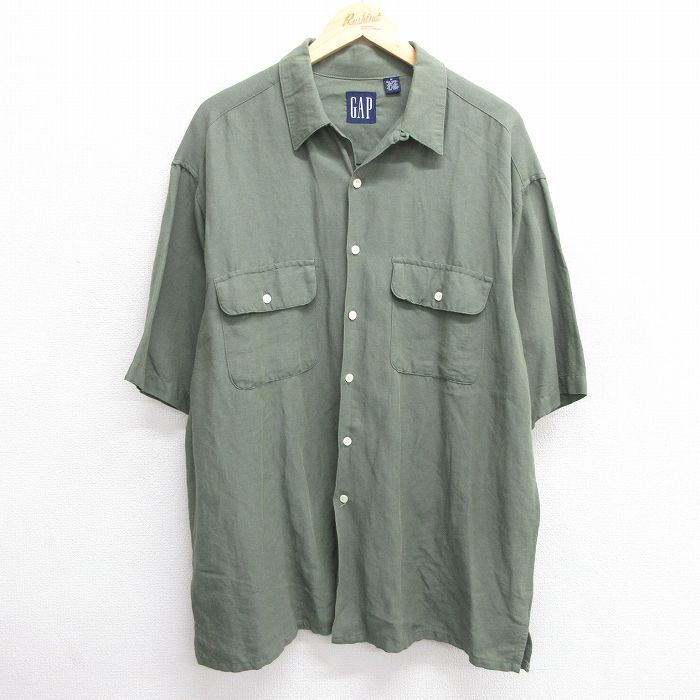 XL★古着 ギャップ GAP 半袖 シャツ メンズ 90年代 90s ロング丈 リネン レーヨン 開襟 オープンカラー 濃緑 グリーン 【spe】 25apr21 中古 トップス