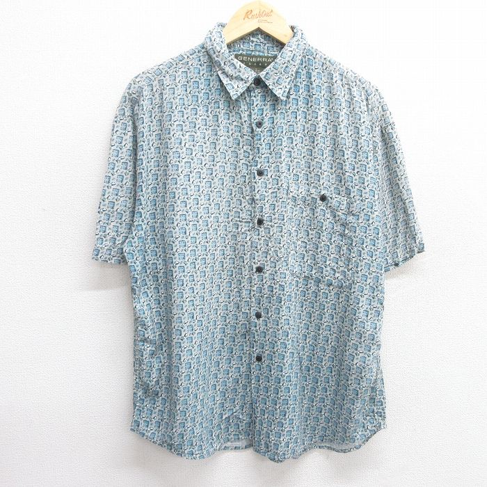 90s 半袖シャツ 総柄 ネイビー L | 古着