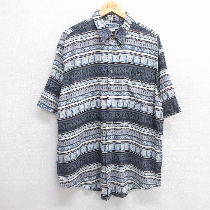 【50%OFF】XL★古着 半袖 シャツ メンズ 総柄 大きいサイズ ロング丈 レーヨン 紺他 ネイビー 【spe】 25apr21 中古 トップス