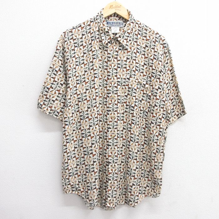 L★古着 半袖 シャツ メンズ 総柄 ロング丈 レーヨン 薄ベージュ系他 カーキ 25apr21 中古 トップス