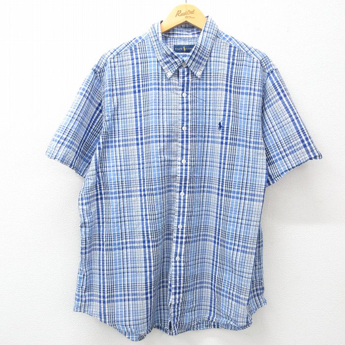 XL★古着 ラルフローレン Ralph Lauren 半袖 ブランド シャツ メンズ ワンポイントロゴ シアサッカー 大きいサイズ ロング丈 コットン ボタンダウン 紺他 ネイビー チェック 25apr21 中古 トップス