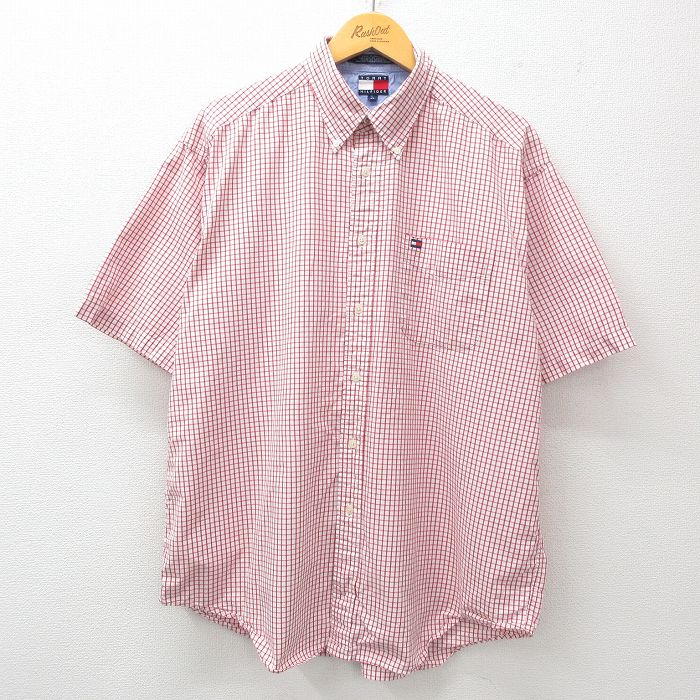 XL★古着 トミーヒルフィガー TOMMY HILFIGER 半袖 ブランド シャツ メンズ 90年代 90s ワンポイントロゴ コットン ボタンダウン 赤他 レッド チェック 25apr21 中古 トップス