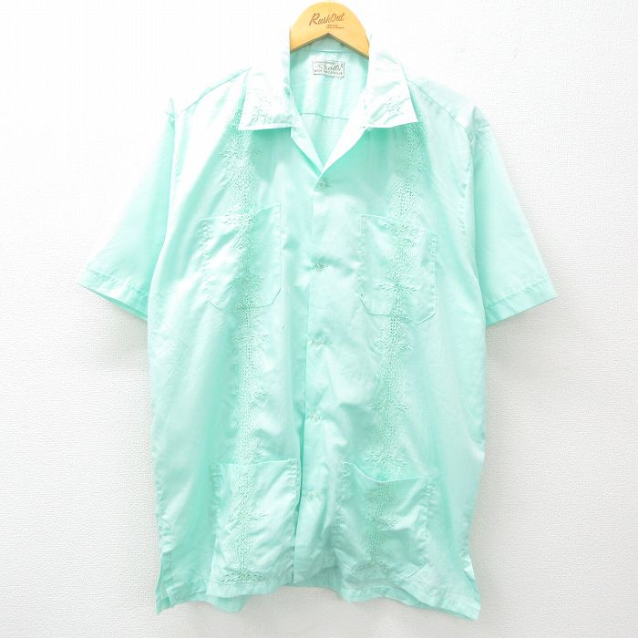 XL★古着 半袖 キューバ シャツ メンズ 90年代 90s 開襟 オープンカラー 緑系 グリーン 25apr21 中古 トップス
