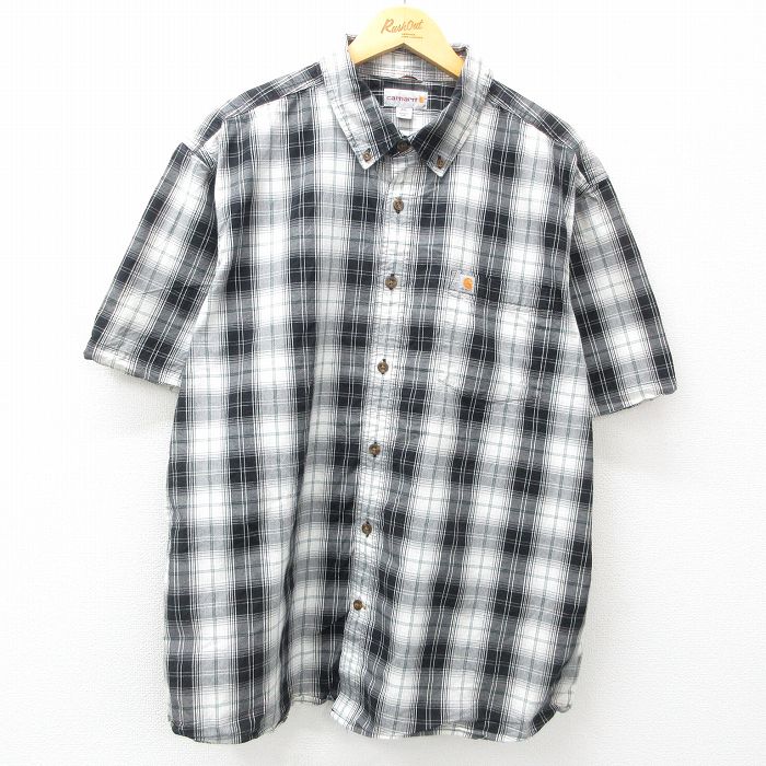 XL★古着 カーハート Carhartt 半袖 シャツ メンズ 大きいサイズ ロング丈 コットン ボタンダウン 黒他 ブラック チェック 25apr21 中古 トップス