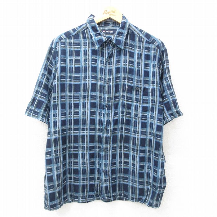 L★古着 ピューリタン 半袖 シャツ メンズ 00年代 00s レーヨン 紺他 ネイビー チェック 25apr21 中古 トップス
