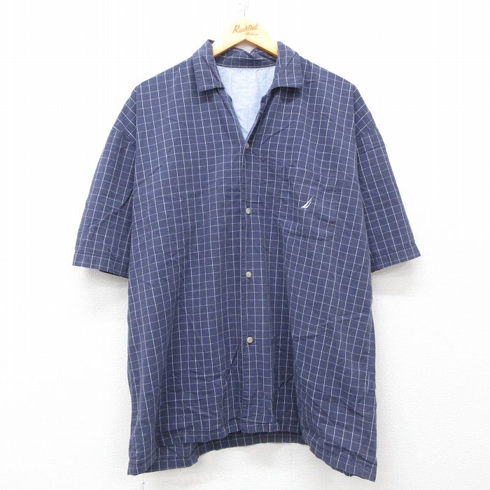 XL★古着 ノーティカ NAUTICA 半袖 ブランド シャツ メンズ ワンポイントロゴ 開襟 オープンカラー 紺他 ネイビー チェック 25apr21 中古 トップス
