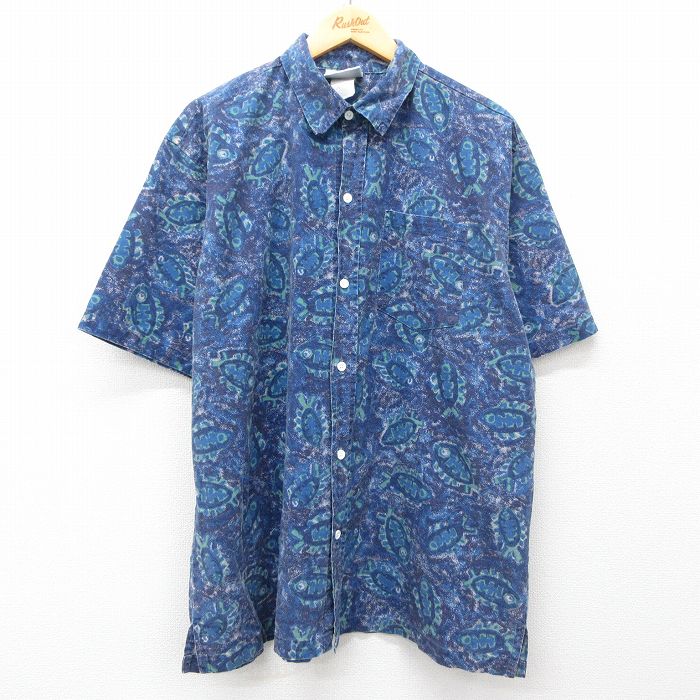 XL★古着 半袖 シャツ メンズ 90年代 90s 魚 大きいサイズ コットン USA製 紺他 ネイビー 25apr21 中古 トップス