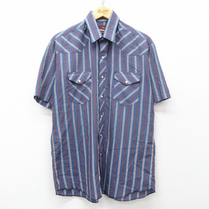 XL★古着 ラングラー Wrangler 半袖 ウエスタン シャツ メンズ 薄紺他 ネイビー ストライプ 25apr21 中古 トップス