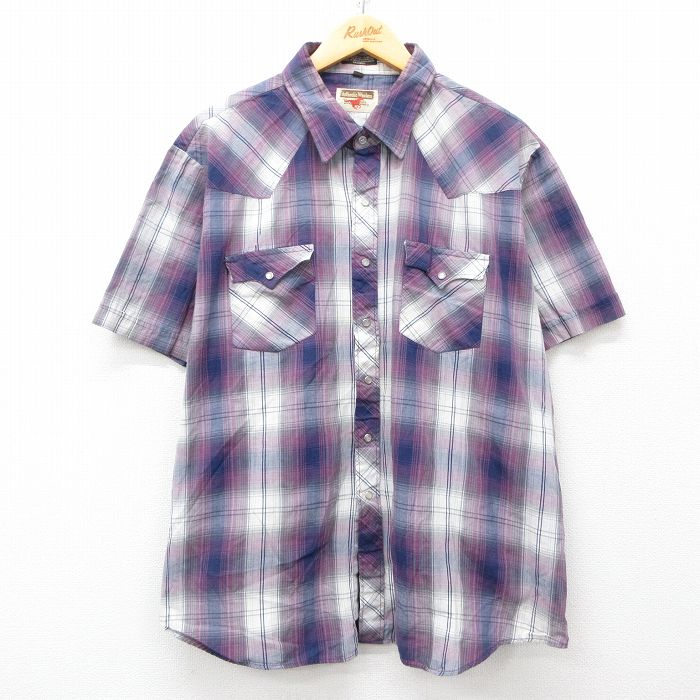 XL★古着 半袖 ウエスタン シャツ メンズ 90年代 90s 大きいサイズ 紫他 パープル チェック 25apr21 中古 トップス