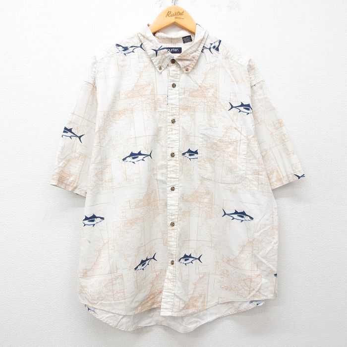 XL★古着 ピューリタン 半袖 シャツ メンズ 00年代 00s 地図 魚 大きいサイズ コットン ボタンダウン 白系他 ホワイト 25apr21 中古 トップス