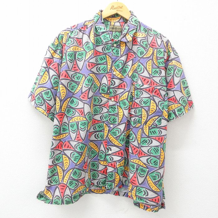 XL★古着 半袖 シャツ メンズ 90年代 90s 総柄 大きいサイズ コットン 紫他 パープル 25apr21 中古 トップス