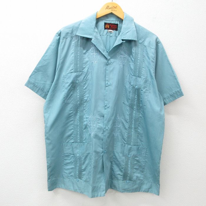 XL★古着 半袖 キューバ シャツ メンズ 80年代 80s 開襟 オープンカラー 水色 【spe】 25apr21 中古 トップス
