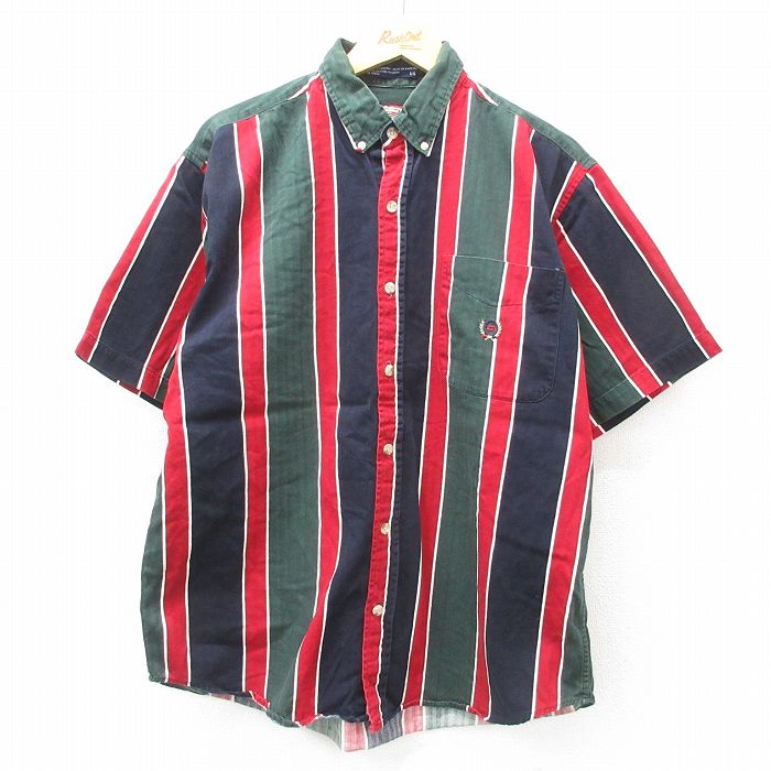 XL★古着 半袖 シャツ メンズ 00年代 00s COLISEUM コットン ボタンダウン 緑他 グリーン ストライプ 25apr21 中古 トップス