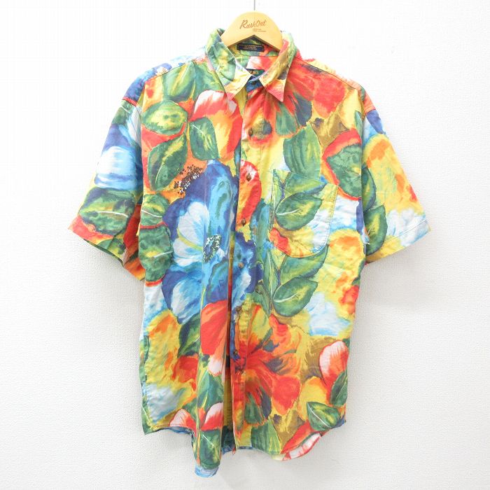XL★古着 半袖 シャツ メンズ 00年代 00s 花 総柄 レーヨン 黄他 イエロー 25apr21 中古 トップス