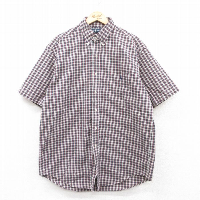 XL★古着 ラルフローレン Ralph Lauren 半袖 ブランド シャツ メンズ 90年代 90s ワンポイントロゴ BLAKE ロング丈 コットン ボタンダウン 黒他 ブラック チェック 【spe】 25apr23 中古 トップス