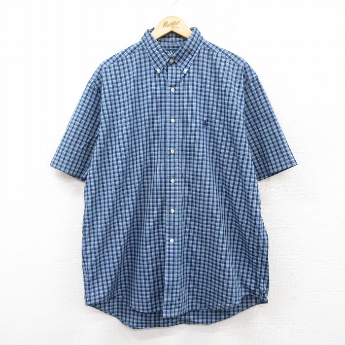 XL★古着 ラルフローレン Ralph Lauren 半袖 ブランド シャツ メンズ 90年代 90s ワンポイントロゴ BLAKE 大きいサイズ ロング丈 コットン ボタンダウン 紺他 ネイビー チェック 25apr23 中古 トップス