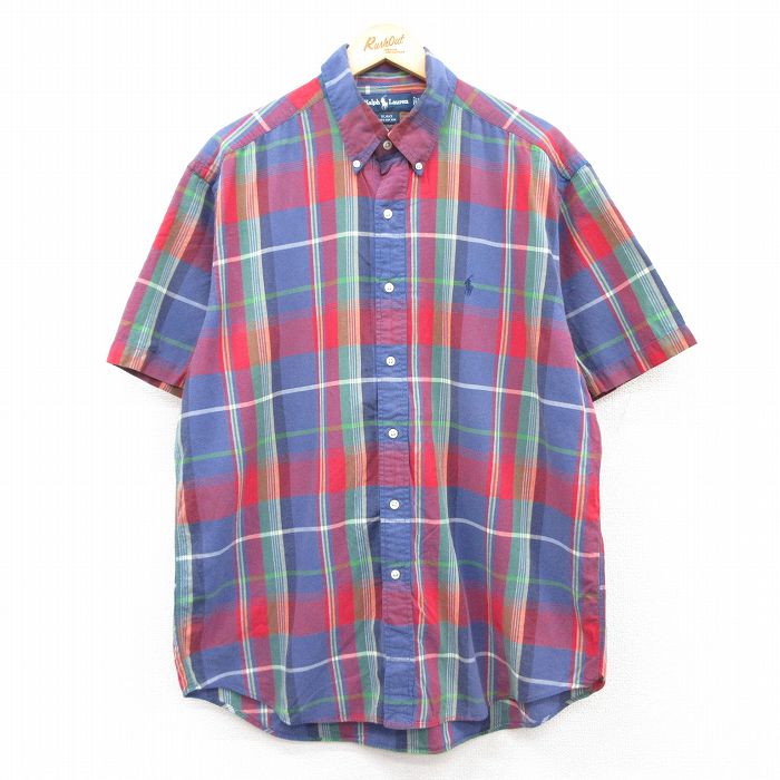 XL★古着 ラルフローレン Ralph Lauren 半袖 ブランド シャツ メンズ 90年代 90s ワンポイントロゴ BLAKE ロング丈 コットン ボタンダウン 紺他 ネイビー チェック 25apr23 中古 トップス