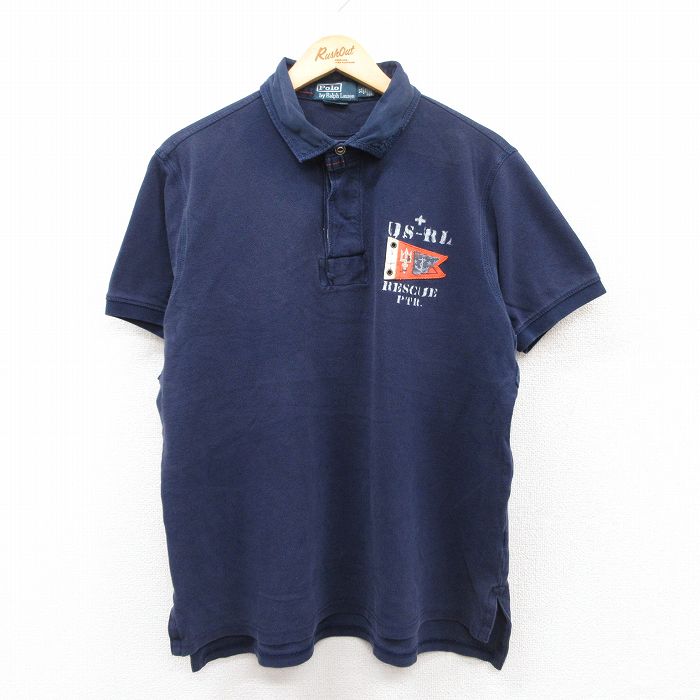 L★古着 ラルフローレン Ralph Lauren 半袖 ブランド ラガー シャツ メンズ 90年代 90s 旗 P32 鹿の子 コットン 紺 ネイビー 【spe】 25apr23 中古 トップス