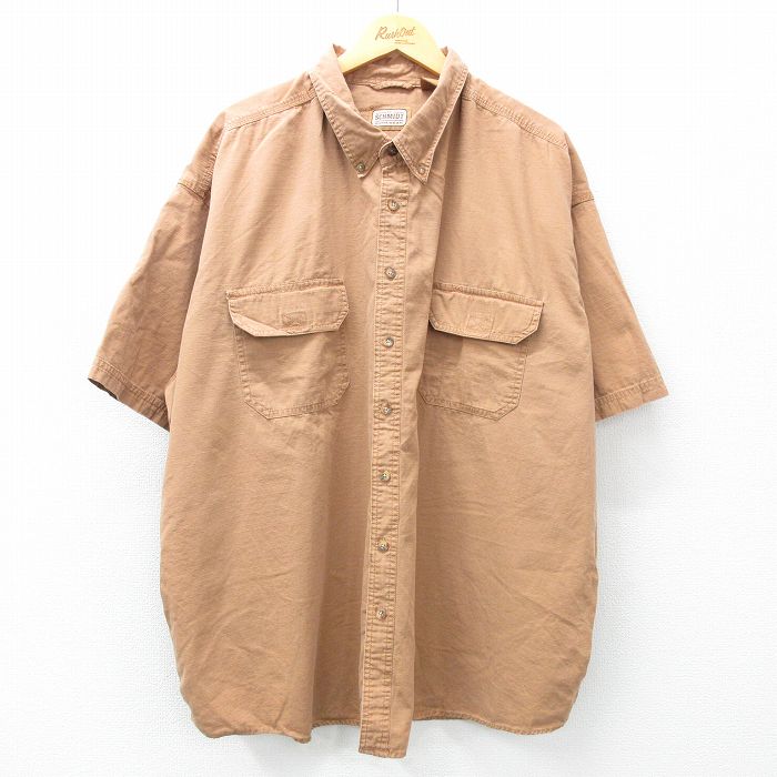 XL★古着 半袖 シャツ メンズ 大きいサイズ ロング丈 コットン ボタンダウン 茶系 ブラウン 25apr23 中古 トップス