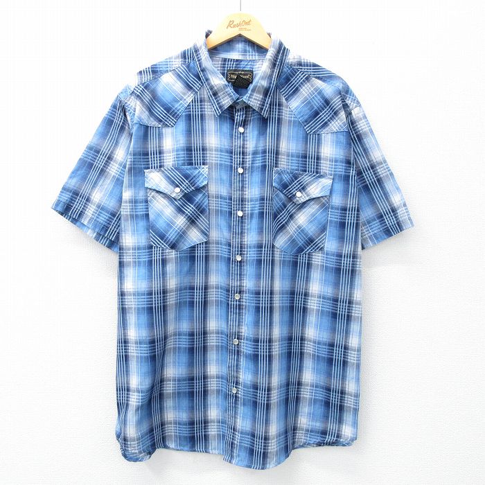 XL★古着 半袖 ウエスタン シャツ メンズ 大きいサイズ ロング丈 紺他 ネイビー チェック 25apr23 中古 トップス