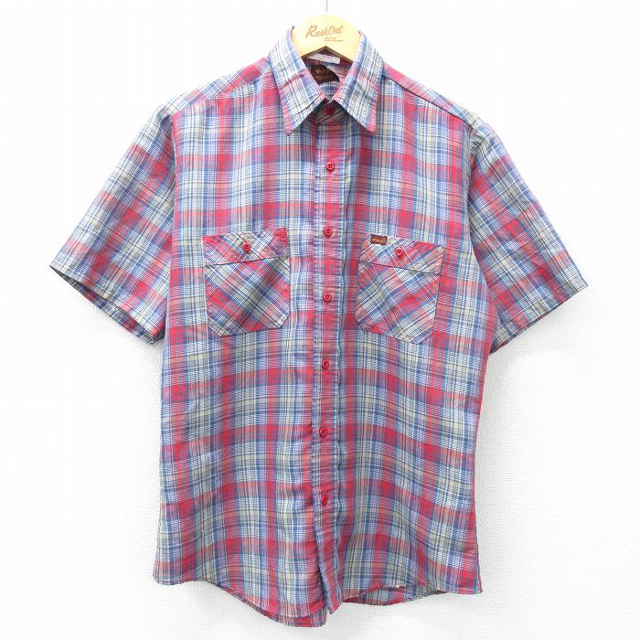 L★古着 ラングラー Wrangler 半袖 シャツ メンズ 90年代 90s USA製 紺他 ネイビー チェック 25apr23 中古 トップス