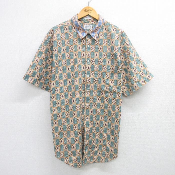 【50%OFF】XL★古着 アロー 半袖 シャツ メンズ 00年代 00s 総柄 大きいサイズ ロング丈 コットン 緑他 グリーン 25apr23 中古 トップス