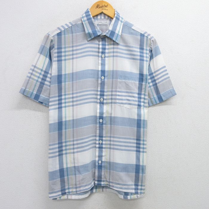 M★古着 半袖 シャツ メンズ 90年代 90s USA製 薄紺他 ネイビー チェック 25apr23 中古 トップス