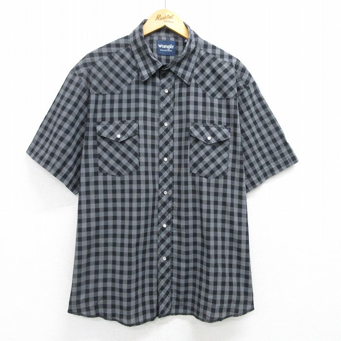XL★古着 ラングラー Wrangler 半袖 ウエスタン シャツ メンズ 黒他 ブラック チェック 25apr23 中古 トップス