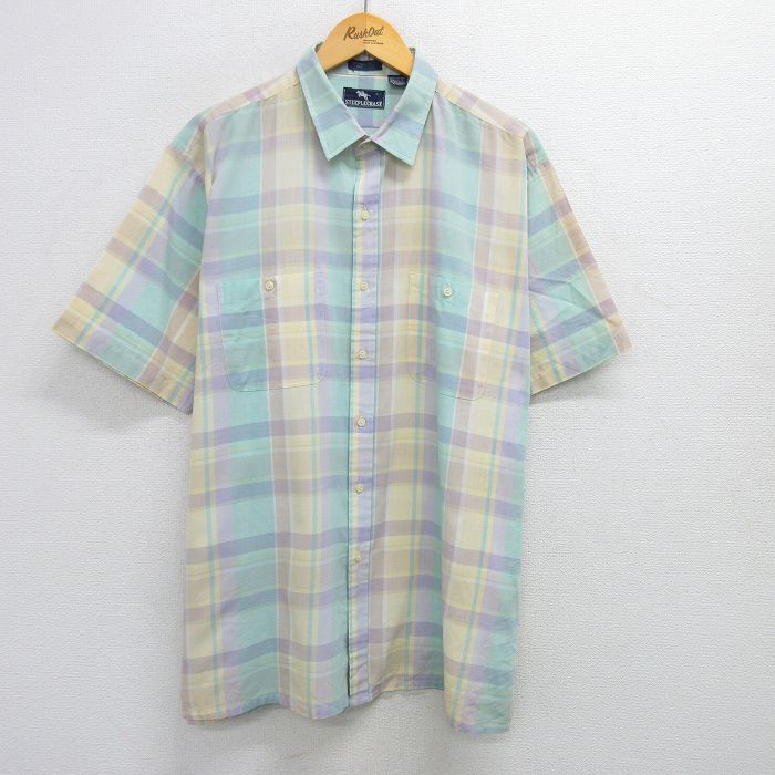 XL★古着 半袖 シャツ メンズ 90年代 90s 大きいサイズ 薄緑他 グリーン チェック 25apr23 中古 トップス