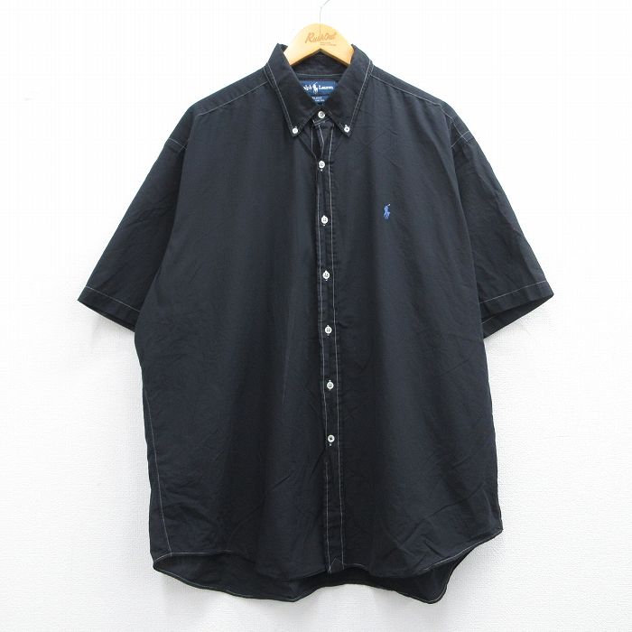 XL★古着 ラルフローレン Ralph Lauren 半袖 ブランド シャツ メンズ 90年代 90s ワンポイントロゴ BLAKE 大きいサイズ ロング丈 コットン ボタンダウン 黒 ブラック 25apr23 中古 トップス
