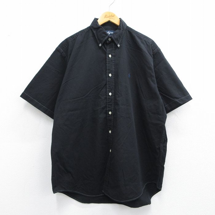 XL★古着 ラルフローレン Ralph Lauren 半袖 ブランド シャツ メンズ 90年代 90s ワンポイントロゴ BLAIRE 大きいサイズ ロング丈 コットン ボタンダウン 黒 ブラック 25apr23 中古 トップス