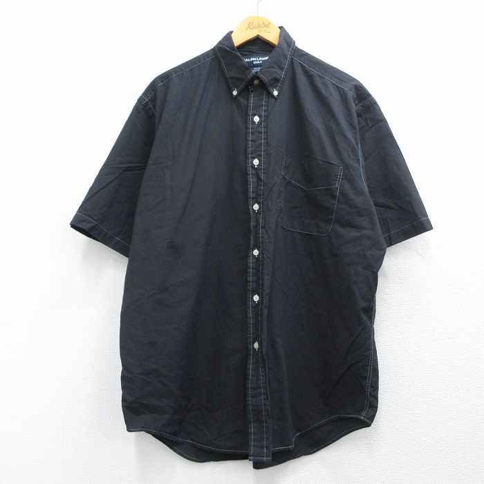 XL★古着 ラルフローレン Ralph Lauren 半袖 ブランド シャツ メンズ 90年代 90s ワンポイントロゴ TILDEN 大きいサイズ ロング丈 コットン ボタンダウン 黒 ブラック 25apr23 中古 トップス