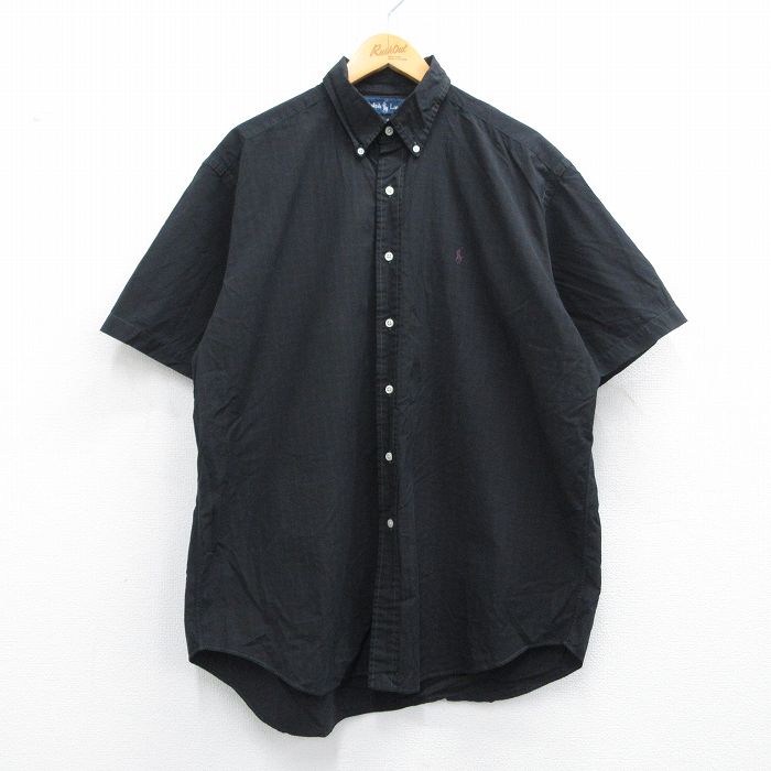 XL★古着 ラルフローレン Ralph Lauren 半袖 ブランド シャツ メンズ 90年代 90s ワンポイントロゴ BLAKE 大きいサイズ ロング丈 コットン ボタンダウン 黒他 ブラック チェック 25apr23 中古 トップス