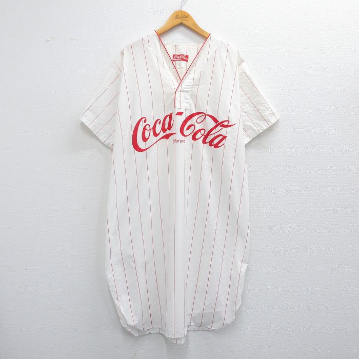 【20%OFF】XL★古着 半袖 シャツ メンズ 90年代 90s コカコーラ ロング丈 USA製 白他 ホワイト ストライプ 【spe】 25apr23 中古 トップス