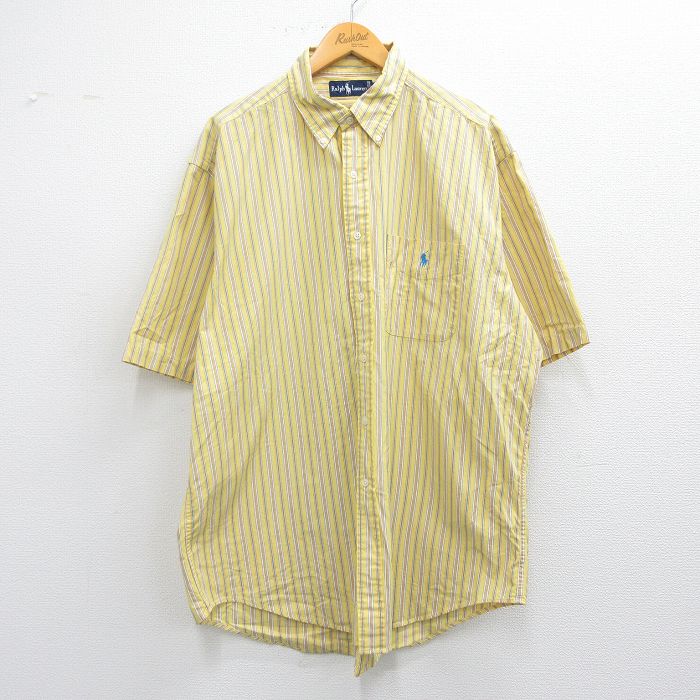 XL★古着 ラルフローレン Ralph Lauren 半袖 ブランド シャツ メンズ 90年代 90s ワンポイントロゴ 大きいサイズ ロング丈 コットン ボタンダウン 黄他 イエロー ストライプ 25apr23 中古 トップス