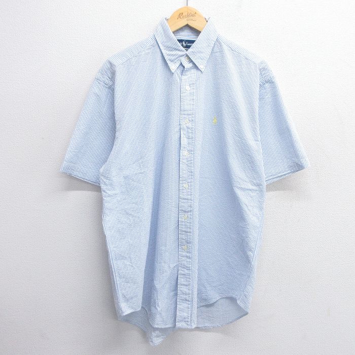 XL★古着 ラルフローレン Ralph Lauren 半袖 ブランド シャツ メンズ 90年代 90s ワンポイントロゴ BLAKE シアサッカー コットン ボタンダウン 薄紺他 ネイビー ストライプ 【spe】 25apr23 中古 トップス