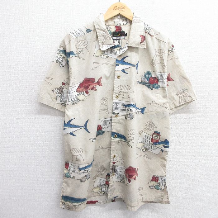 XL★古着 半袖 シャツ メンズ 魚 ベージュ カーキ 25apr23 中古 トップス
